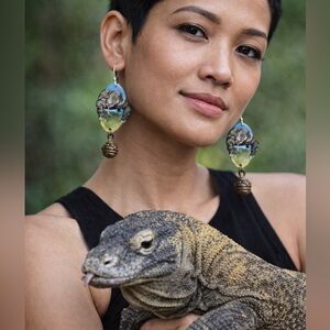 Hand painted Komodo dragon earrings antique brass bead reptiles wildlife jewelry